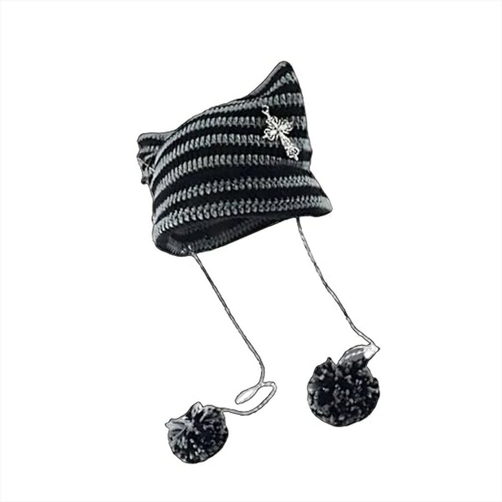 Crochet Cat‎ Ear Beanie Women Goth Y2K Slouchy Knit Hat with Fox Ears & Pom Pom